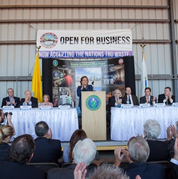 N.M. Gov. Susana Martinez leads a round of applause for the resumption of waste emplacement at WIPP during the reopening ceremony Jan. 9. Energy Secretary Ernest Moniz, Sen. Martin Heinrich, Reps. Steve Pearce and Michelle Lujan Grisham, and Carlsbad Mayor Dale Janway also spoke at the event. N.M. Gov. Susana Martinez leads a round of applause for the resumption of waste emplacement at WIPP during the reopening ceremony Jan. 9. Energy Secretary Ernest Moniz, Sen. Martin Heinrich, Reps. Steve Pearce and Michelle Lujan Grisham, and Carlsbad Mayor Dale Janway also spoke at the event.