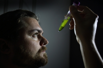 Ryan Davis and Sandia National Laboratories colleagues have developed a method to recycle critical and costly algae cultivation nutrients phosphate and nitrogen. Photo by Dino Vournas. Ryan Davis and Sandia National Laboratories colleagues have developed a method to recycle critical and costly algae cultivation nutrients phosphate and nitrogen. Photo by Dino Vournas.