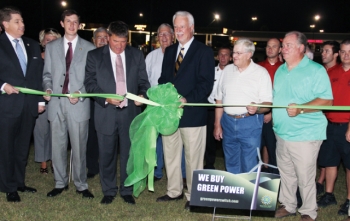 Boaz, Alabama Mayor Tim Walker, along with state representatives and community leaders, cut the ribbon for the state's solar LED light pilot project. | Photo courtesy of Lionel Green, Sand Mountain Reporter. Boaz, Alabama Mayor Tim Walker, along with state representatives and community leaders, cut the ribbon for the state's solar LED light pilot project. | Photo courtesy of Lionel Green, Sand Mountain Reporter.