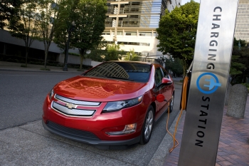 The 2011 Chevrolet Volt at a charging station. Its battery is based on a cathode technology developed at Argonne National Laboratory, which will make the battery safer, longer-lived and more powerful. Photo courtesy of General Motors
The 2011 Chevrolet Volt at a charging station. Its battery is based on a cathode technology developed at Argonne National Laboratory, which will make the battery safer, longer-lived and more powerful. Photo courtesy of General Motors