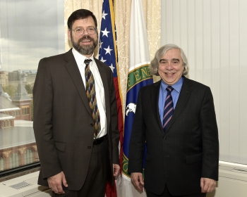Secretary Moniz congratulates Jonathan Pershing on March 25, 2016, Pershing's last day at the Energy Department. | Energy Department Photo. Secretary Moniz congratulates Jonathan Pershing on March 25, 2016, Pershing's last day at the Energy Department. | Energy Department Photo.