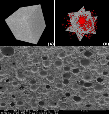 3-D renderings (A and B) and scanning electron image of foamed cement. 3-D renderings (A and B) and scanning electron image of foamed cement.