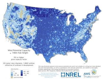 This map shows wind potential capacity for turbine hub heights at 140 meters. This map shows wind potential capacity for turbine hub heights at 140 meters.