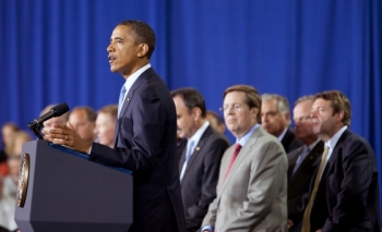 President Barack Obama delivers remarks on fuel efficiency standards for 2017-2025 model year cars and light-duty trucks during an event at the Washington Convention Center in Washington, D.C., July 29, 2011. Seated behind the President are at left are auto industry executives and Transportation Secretary Ray LaHood. (Official White House Photo by Samantha Appleton) President Barack Obama delivers remarks on fuel efficiency standards for 2017-2025 model year cars and light-duty trucks during an event at the Washington Convention Center in Washington, D.C., July 29, 2011. Seated behind the President are at left are auto industry executives and Transportation Secretary Ray LaHood. (Official White House Photo by Samantha Appleton)