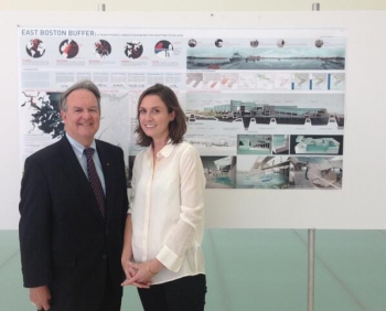 MIT's Carolyn Jenkins, shown here with the Energy Department's Bob Marley, was the winner of the C3E graduate student poster competition for her research on the East Boston Buffer as a transferable urban framework for adapting to sea rise. | Photo courtesy of the MIT Energy Initiative. MIT's Carolyn Jenkins, shown here with the Energy Department's Bob Marley, was the winner of the C3E graduate student poster competition for her research on the East Boston Buffer as a transferable urban framework for adapting to sea rise. | Photo courtesy of the MIT Energy Initiative.
