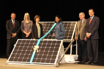 Gil Sperling, U.S. Department of Energy; Elise Brown, Utah State Energy Program; Janet Jameson, Hillside Teacher; Prathusha Boppana, Hillside Student; Martell Menlove, Deputy Supt of Schools; Chuck McGinnis, Johnson Controls at the Solar for Schools ribbon cutting. | Department of Energy Image | Government Work | Gil Sperling, U.S. Department of Energy; Elise Brown, Utah State Energy Program; Janet Jameson, Hillside Teacher; Prathusha Boppana, Hillside Student; Martell Menlove, Deputy Supt of Schools; Chuck McGinnis, Johnson Controls at the Solar for Schools ribbon cutting. | Department of Energy Image | Government Work |