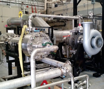 The DOE SunShot loop is designed to demonstrate highly efficient turbine expander and recuperator performance for advanced supercritical carbon dioxide concentrating solar power cycles. Photo courtesy of Southwest Research Institute. The DOE SunShot loop is designed to demonstrate highly efficient turbine expander and recuperator performance for advanced supercritical carbon dioxide concentrating solar power cycles. Photo courtesy of Southwest Research Institute.