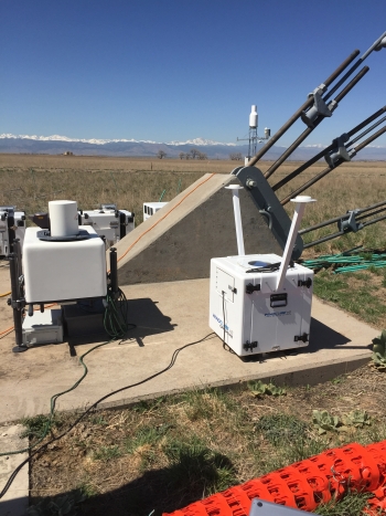 Photo showing the base of the 984-foot (300-meter) meteorological tower and several of the atmospheric instruments used during the XPIA field experiment. Photo by Andy Clifton/National Renewable Energy Laboratory Photo showing the base of the 984-foot (300-meter) meteorological tower and several of the atmospheric instruments used during the XPIA field experiment. Photo by Andy Clifton/National Renewable Energy Laboratory
