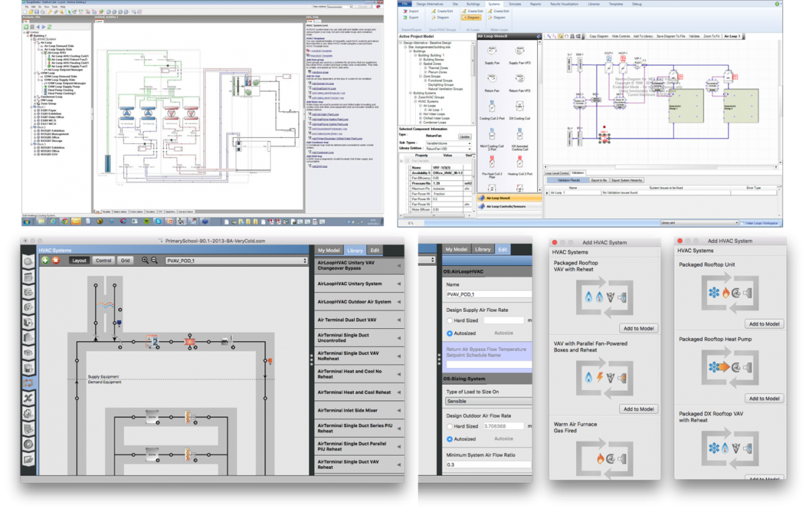 Building Energy Modeling 101 Hvac Design And Operation Use Case Energyplus Graphical User Interfaces Like Designbuilder Top Left Simergy Right