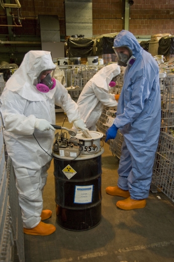 Recovery Act workers at Alpha 5 at the Y-12 National Security Complex at Oak Ridge, Tenn., survey waste as part of the characterization process to determine its proper disposition path Recovery Act workers at Alpha 5 at the Y-12 National Security Complex at Oak Ridge, Tenn., survey waste as part of the characterization process to determine its proper disposition path