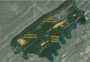 A view of the 33,000-acre Oak Ridge Reservation, with its three major sites highlighted--the East Tennessee Technology Park, Y-12 National Security Complex, and Oak Ridge National Laboratory. A view of the 33,000-acre Oak Ridge Reservation, with its three major sites highlighted--the East Tennessee Technology Park, Y-12 National Security Complex, and Oak Ridge National Laboratory.
