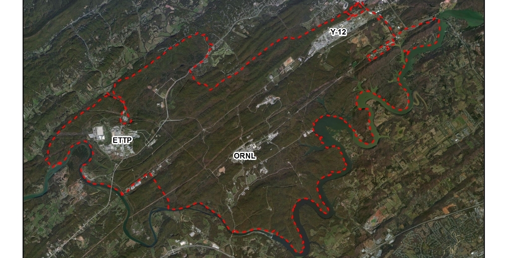 The 33,500-acre Oak Ridge Reservation, outlined in red, contains three primary cleanup areas-- the East Tennessee Technology Park, Oak Ridge National Laboratory, and Y-12 National Security Complex. 