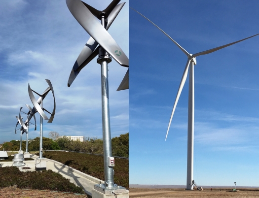 Photo of a vertical-axis turbine (left), and a horizontal-axis turbine (right).