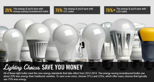 Photos of different varieties of light bulbs, with the words "Lighting choices save you money," with explanation that these light bulbs adhere to energy standards of 2012-2014.