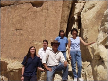 2004 interns L-R at Hopi Tribe petroglyph: Benjamin Mar, Jennifer Coots, Colin Ben, Deborah Tewa, and Sandra Begay