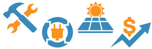 Graphic showing 4 icons - tools, solar panels, plug and a chart arrow moving up.