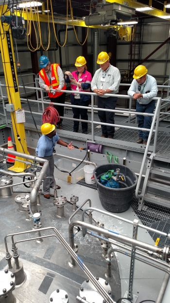 Left to right, ORP Federal Project Director & Assistant Manager Bill Hamel; Bechtel's WTP Project Manager Peggy McCullough; contractor AECOM's Gary Beyer and Roger Jarrell, Senior Advisor to the Energy Secretary for EM. At bottom is ORP Dr. Sahid Smith.