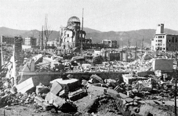 Hiroshima after bombing. The large building in the background, now called the A-bomb dome. Hiroshima after bombing. The large building in the background, now called the A-bomb dome, remains standing within the Peace Memorial Park.