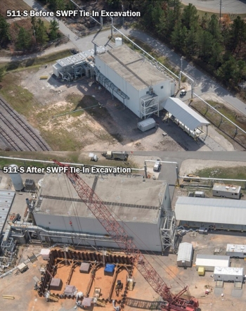 Before-and-after photos of the 511-S excavation connecting the Defense and Salt waste processing facilities.