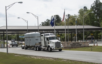 A transuranic waste shipment departs the Savannah River Site en route to the Waste Isolation Pilot Plant.