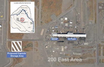 The site of the proposed capsule storage pad is southwest of the Waste Encapsulation Storage Facility, part of B Plant, and more than six miles from the Columbia River.