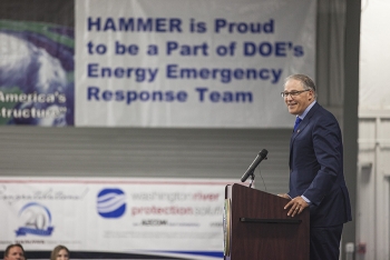 Washington Gov. Jay Inslee addresses the audience during a ceremony celebrating 20 years of excellence of HAMMER.