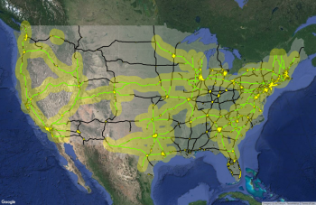 Map of United States that project future charging stations by mega-regions.