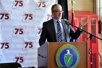 Jay Mullis, manager of the Oak Ridge Office of EM (OREM), speaks at an event in October previewing the K-25 History Center. OREM expects to begin building the center next year.