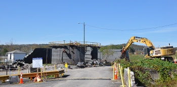 Crews take down K-1203 in the Poplar Creek area at the East Tennessee Technology Park.