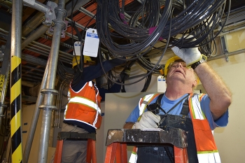 Hanford Waste Treatment and Immobilization Plant electricians install wiring inside the Low-Activity Waste facility.