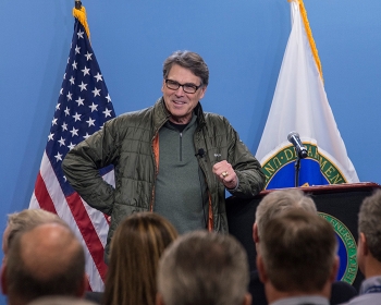 Energy Secretary Rick Perry responds to questions from employees at an all-hands meeting at the Savannah River Site.