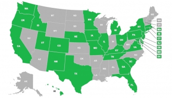 Map of Fuel Cell Technologies Office funding by state for fiscal years 2013 through 2017.