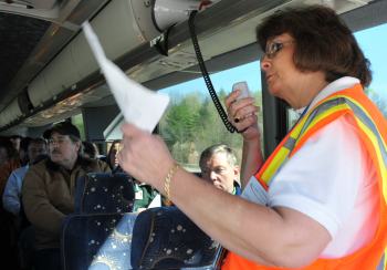 Sandy Childers of inSolves, subcontractor to Fluor-BWXT Portsmouth, leads a bus tour of the Portsmouth Gaseous Diffusion Plant site. DOE recently announced its annual seasonal public tours schedule for 2018.