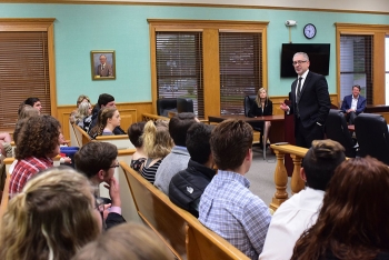 Nearly 100 juniors and seniors from all five Roane County high schools participated in Student Government Day. Here, Oak Ridge Office of Environmental Management Manager Jay Mullis speaks to students about the importance of public service.