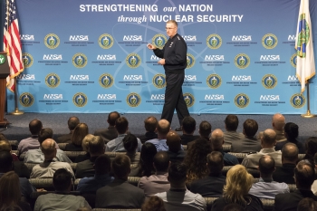 Gen. John E. Hyten, commander of U.S. Strategic Command, addresses the National Nuclear Security Administrationâs workforce