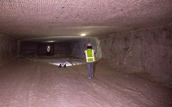 An area high school student tests a robot underground at the Waste Isolation Pilot Plant in early May.