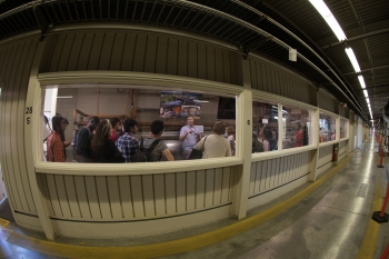Matt Ware, a PhD student from the Stanford PULSE Institute at SLAC, leads a tour of the Klystron Gallery for incoming Stanford graduate and professional school students interested in energy.