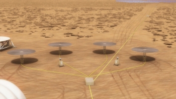 A conceptual drawing of four Kilopower reactors on Marsâ surface.