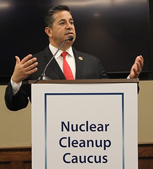 Rep. Ben Ray Luján of New Mexico, co-chair of the caucus, addresses the estimated 120 people in attendance at the caucus event.