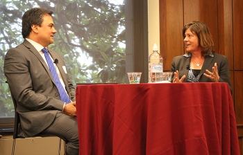 EM Assistant Secretary Anne White talks with Energy Facility Contractors Group Chairman Billy Morrison during last week's event for the House Nuclear Cleanup Caucus.