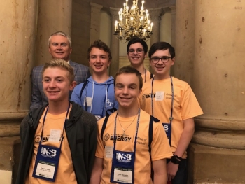 Photograph shows U.S. Congressman James Comer with Lone Oak Middle School students Cameron Willis, Jack Periello, Isaac Reynolds, Reese Bell, and Avery Miller. Not pictured is Coach Susan Midkiff.
