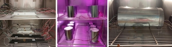 Three photos showing accelerated stress testing of LED products and devices.