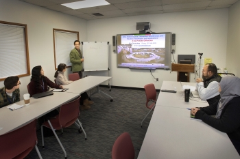 Brookhaven Lab physicist Eric Dooryhee explains how he uses x-ray powder diffraction at the National Synchrotron Light Source II to determine the structure of materials. Five other Universities participated via videoteleconference.