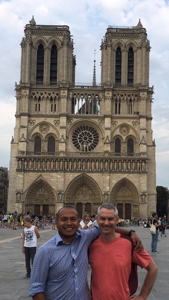 Jose Marcial, left, and his doctoral advisor, Dr. John McCloy, of Washington State University visited Notre Dame Cathedral in Paris after presenting this month at the 15th International Physics of Non-Crystalline Solids conference in St. Malo, France.