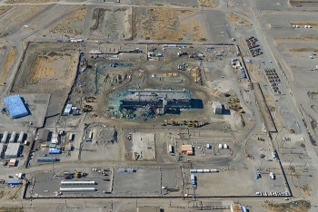This July 2018 aerial photo shows the partially demolished Main Processing Facility of the Plutonium Finishing Plant at center.