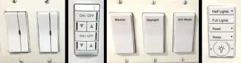 Four photos of various connected lighting system wall switches.