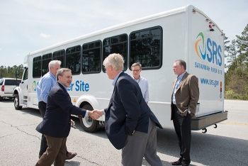 Deputy Energy Secretary Dan Brouillette, left, shakes hands with Savannah River Site Manager Mike Budney during a site tour.