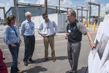 EM Assistant Secretary Anne White, Savannah River Site Manager Mike Budney, and EM Senior Advisor Taylor Playforth listen to an overview on H Canyon from Jimmy Winkler of Savannah River Nuclear Solutions, the site's management and operations contractor.