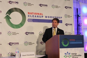 Rep. Chuck Fleischmann of Tennessee gives insights from the House Nuclear Cleanup Caucus leadership during an address at this yearâs National Cleanup Workshop. Fleischmann is chair of the caucus.