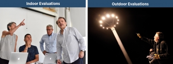 Two photos showing NGLS evaluations of indoor and outdoor LED lighting products.
